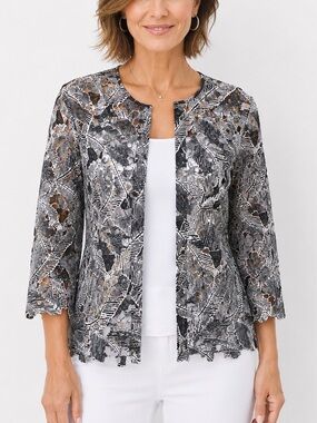 Chico’s Size 0 Black White Tropical Leaf Cutout Lace Cardigan Open Front Resort